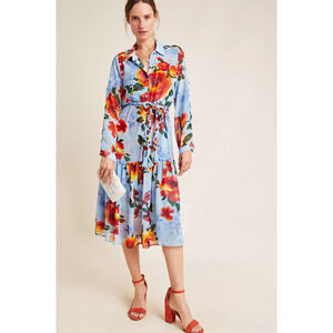 MISA Los Angeles Marsala Floral Shirtdress Roll Tab Sleeve Belted Small